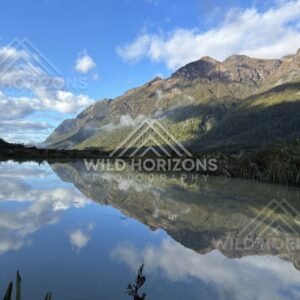 Long Mirror-Like Reflection Toward Distant Slopes, Milford Road, New Zealand