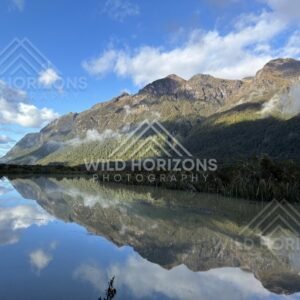 Wide Mirror Lakes Landscape with Dramatic Cloud, Milford Road, New Zealand