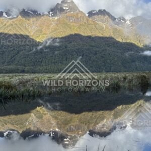 Peak Reflections Over Wetland Margin at Mirror Lakes, Milford Road, New Zealand