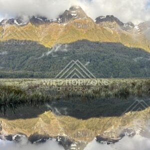 Jagged Ridgeline Reflected Across Mirror Lakes, Milford Road, New Zealand