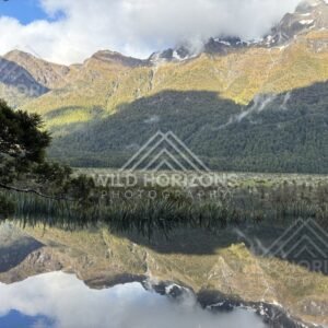 Mirror Lakes with Low Cloud on the Ridgeline, Milford Road, New Zealand