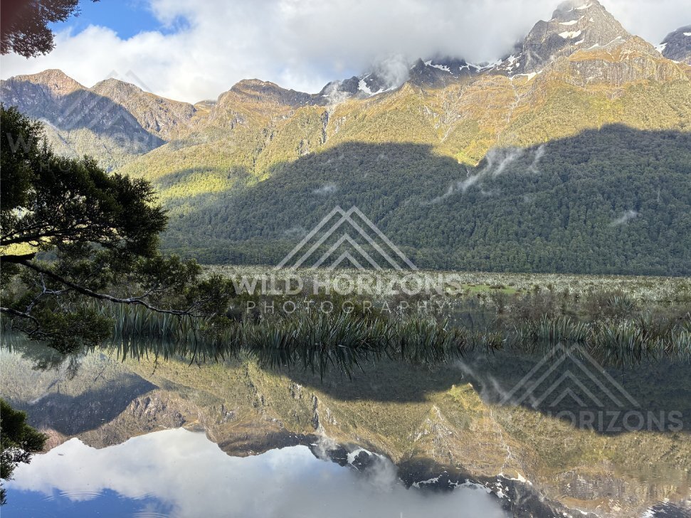 Mirror Lakes with Low Cloud on the Ridgeline, Milford Road, New Zealand