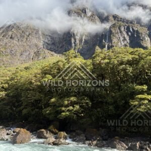 Fiordland landscape with cloud-wrapped summits, Milford Road, New Zealand