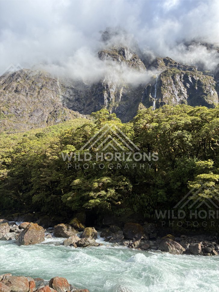 Fiordland landscape with cloud-wrapped summits, Milford Road, New Zealand
