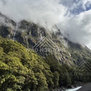Expansive mountain valley under textured cloud, Milford Road, New Zealand