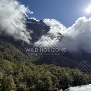 Turquoise River Rapids beneath Cloudy Alpine Peaks, Milford Road, Fiordland National Park, New Zealand
