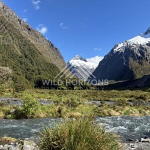 Braided Fiordland Valley with Snow-Capped Mountains, Milford Road, Fiordland National Park, New Zealand