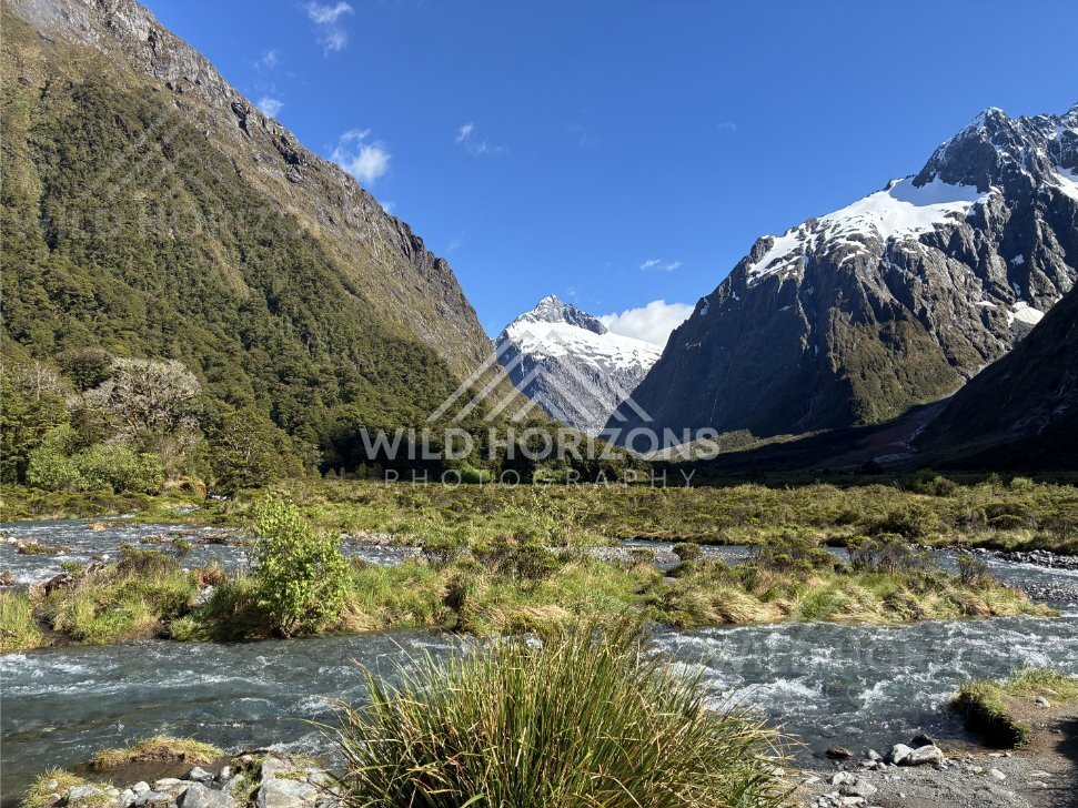 Braided Fiordland Valley with Snow-Capped Mountains, Milford Road, Fiordland National Park, New Zealand