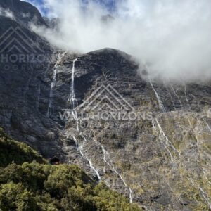Veiled Waterfalls on a Granite Wall Beneath Low Cloud, Milford Road, Fiordland National Park, New Zealand