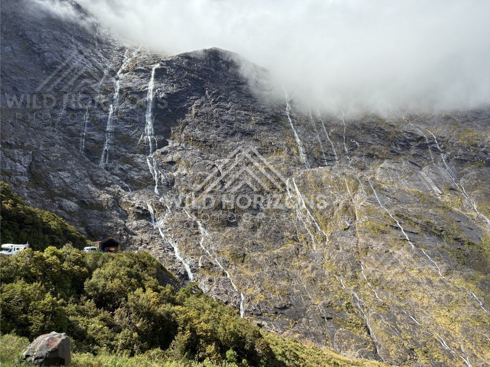 Waterfall Web and Roadside Shelter Under Heavy Mist, Milford Road, Fiordland National Park, New Zealand