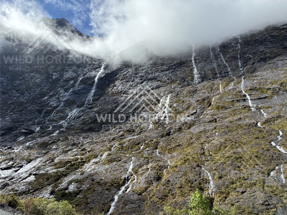 Close View of Cascading Runnels on Wet Rock, Milford Road, Fiordland National Park, New Zealand