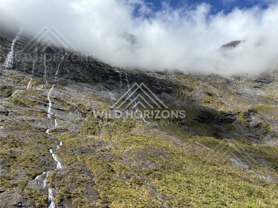 Mountain Shoulder with Hidden Peaks and Fine Waterfalls, Milford Road, Fiordland National Park, New Zealand