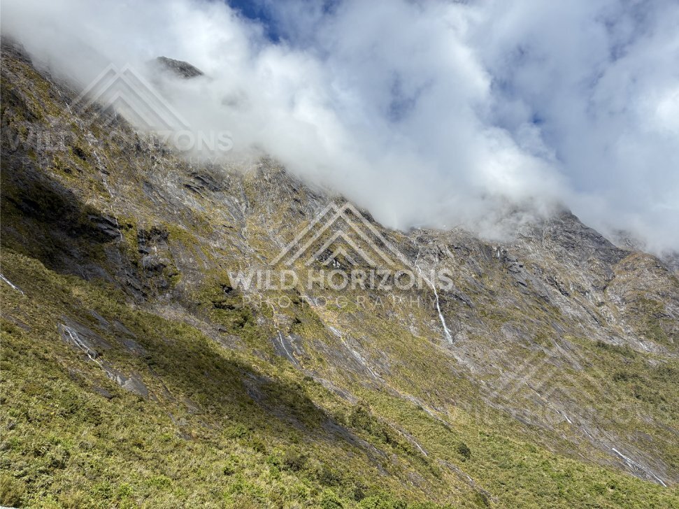 Dramatic Cloud Edge over a Sunlit Fiordland Slope, Milford Road, Fiordland National Park, New Zealand