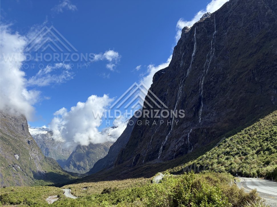 Cliffside Waterfalls Above the Milford Road Lookout, Milford Road, Fiordland National Park, New Zealand