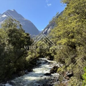 Mountain River Bend Beneath Snowy Peaks, Milford Road, New Zealand