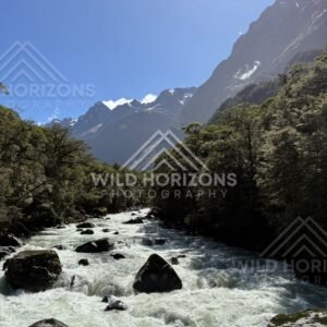 Whitewater Rapids and Boulders in Fiordland Valley, Milford Road, New Zealand