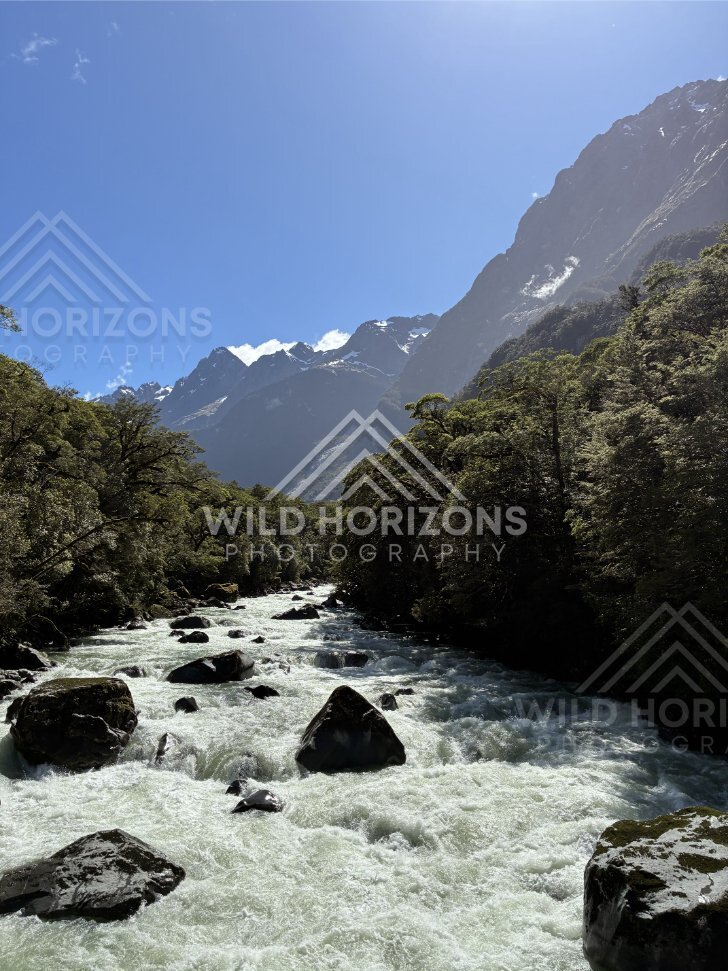 Whitewater Rapids and Boulders in Fiordland Valley, Milford Road, New Zealand