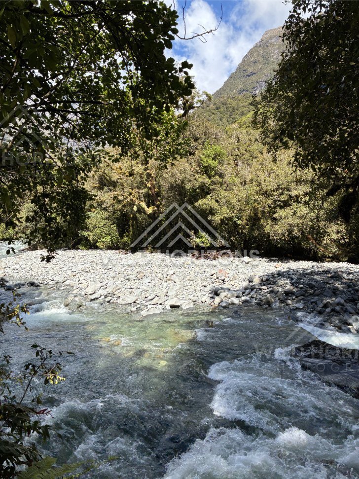 Clear River Pool and Gravel Bar in Fiordland Forest, Milford Road, New Zealand