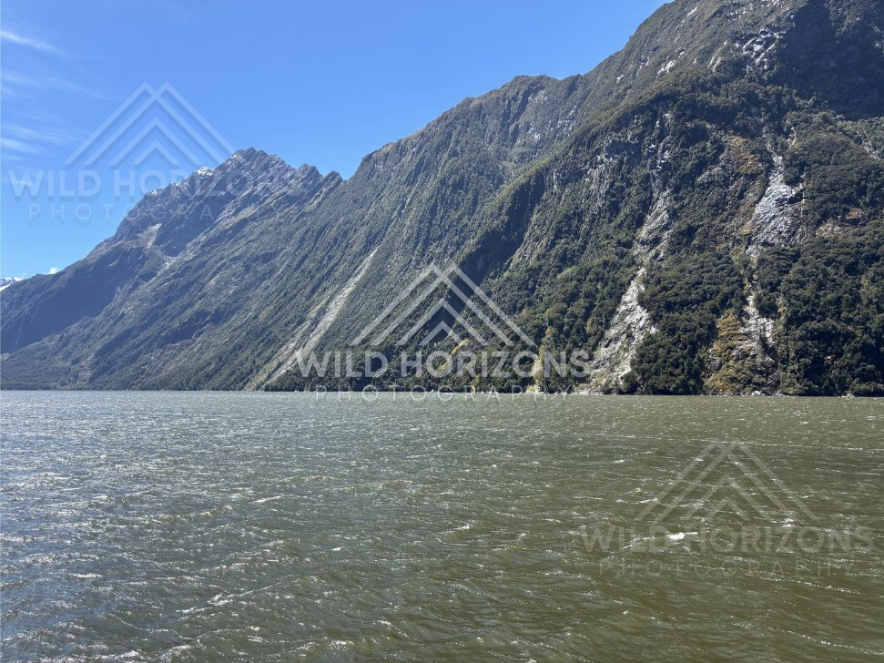 Fiord Cliffs Above Choppy Water, Milford Sound, New Zealand