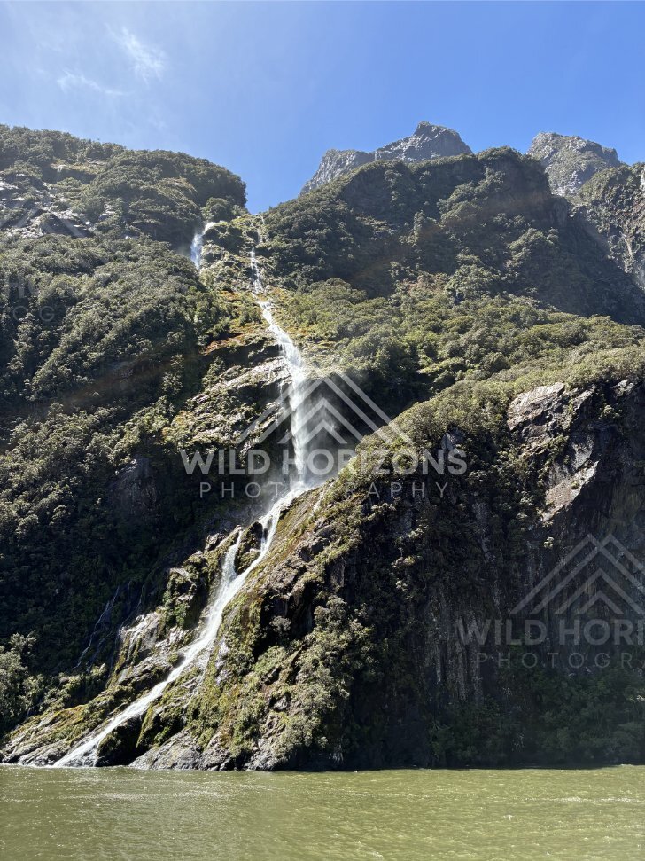 Diagonal Waterfall on Mountain Face, Milford Sound, New Zealand