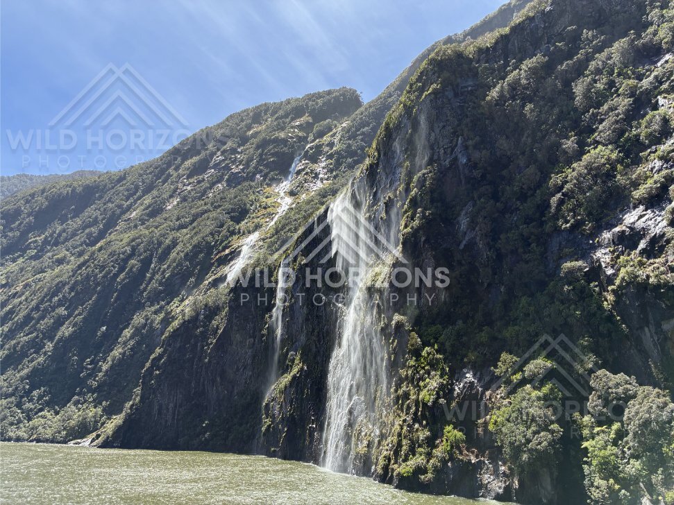 Waterfall Fans Over Cliff, Milford Sound, New Zealand