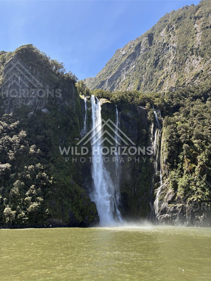 Tall Waterfall Drop, Milford Sound, New Zealand