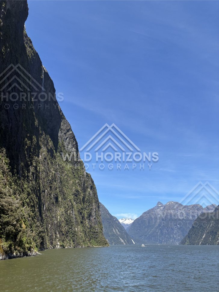 Fjord panorama with sheer cliff and distant peaks, Milford Sound, New Zealand