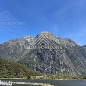 Mountain rising above Milford Sound marina and jetty, New Zealand