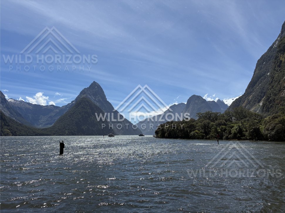 Tour boats on Milford Sound with Mitre Peak backdrop, New Zealand