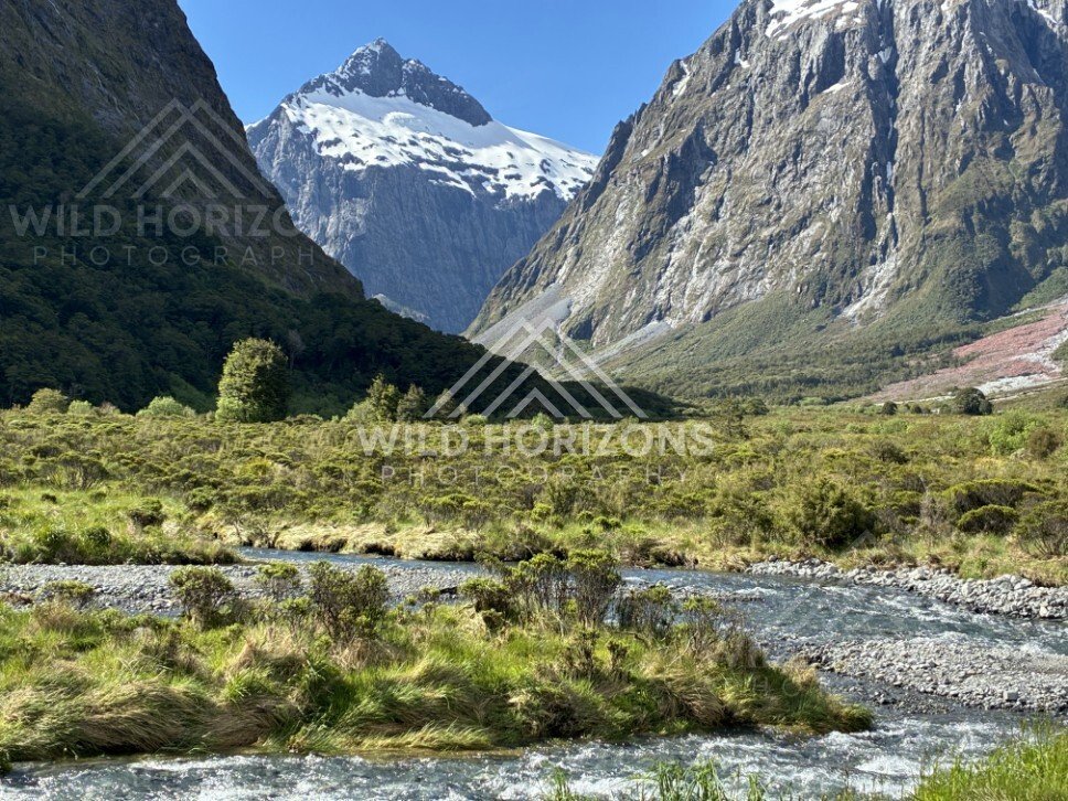 Green Valley and Sheer Peaks on Milford Road New Zealand