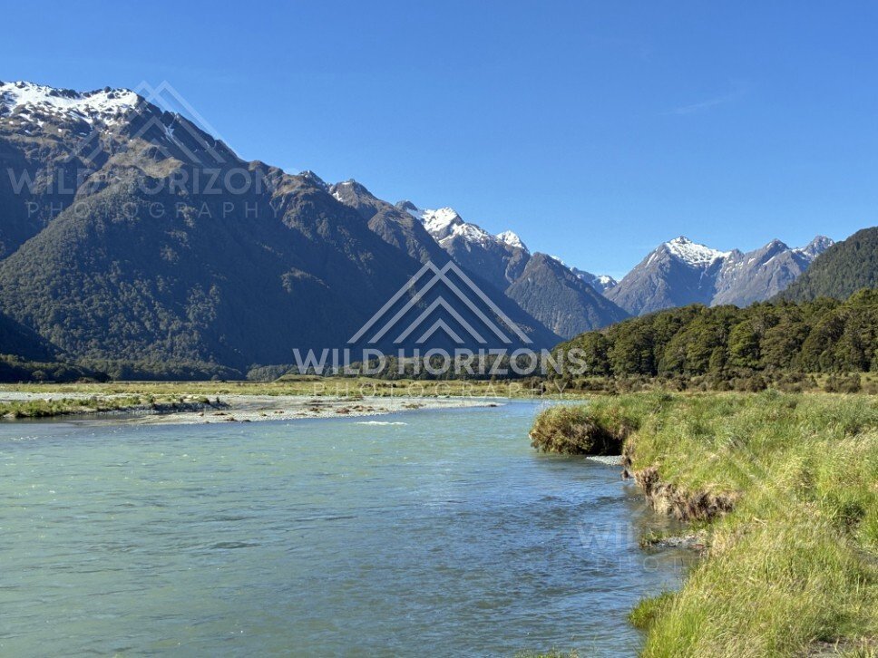 Braided River and Open Valley on Milford Road New Zealand