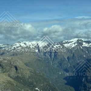 Mountain Range and Snowfields in Fiordland. Fiordland, New Zealand.