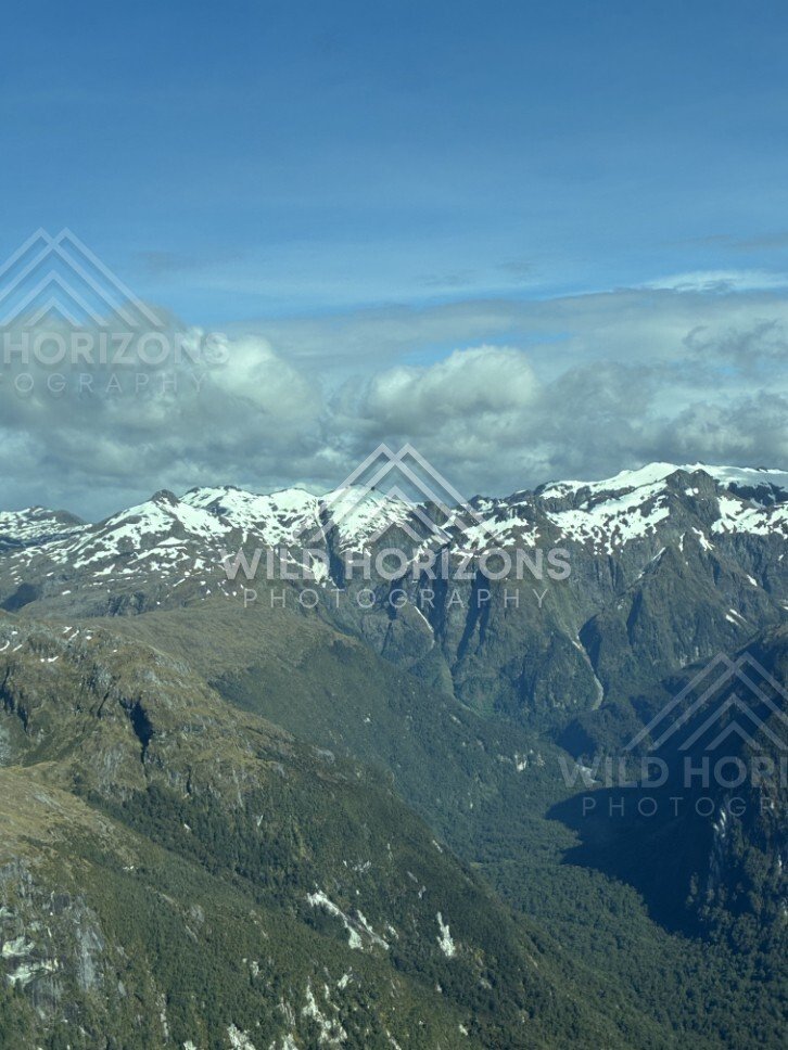 Mountain Range and Snowfields in Fiordland. Fiordland, New Zealand.