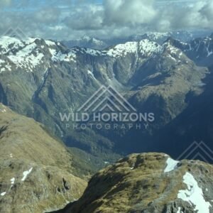 Mountain Valley and Snowfields in Fiordland. Fiordland, New Zealand.