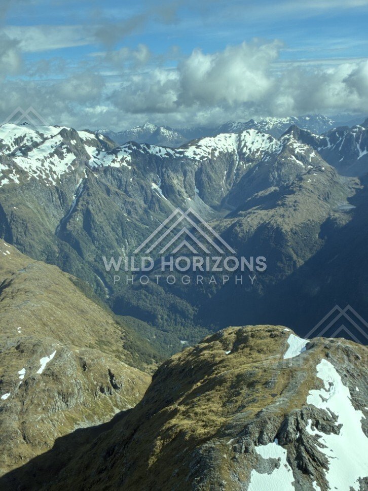 Mountain Valley and Snowfields in Fiordland. Fiordland, New Zealand.