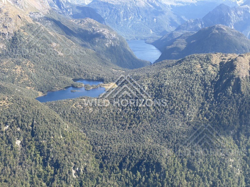 Remote Fiordland lake and forested valleys. Fiordland, New Zealand.