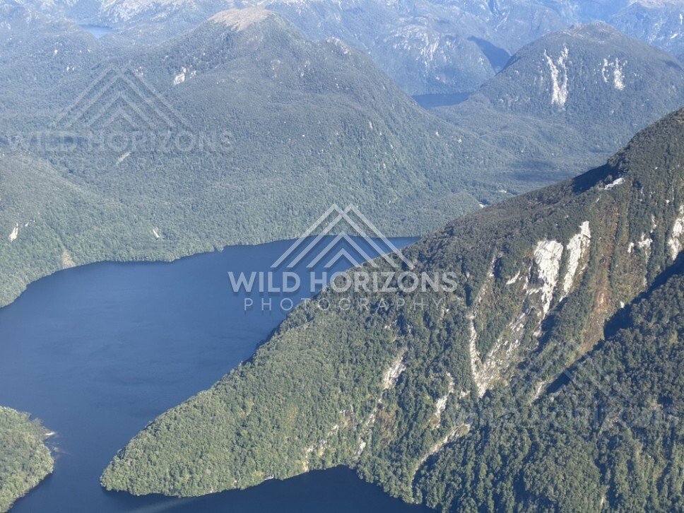 Deep Fiordland lake enclosed by steep forested slopes. Fiordland, New Zealand.