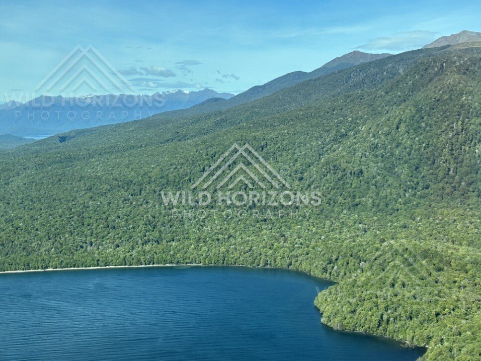 Forested peninsula extending into clear blue lake. Fiordland, New Zealand.