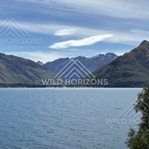Wide lake view framed by steep mountain slopes. Kingston, New Zealand.