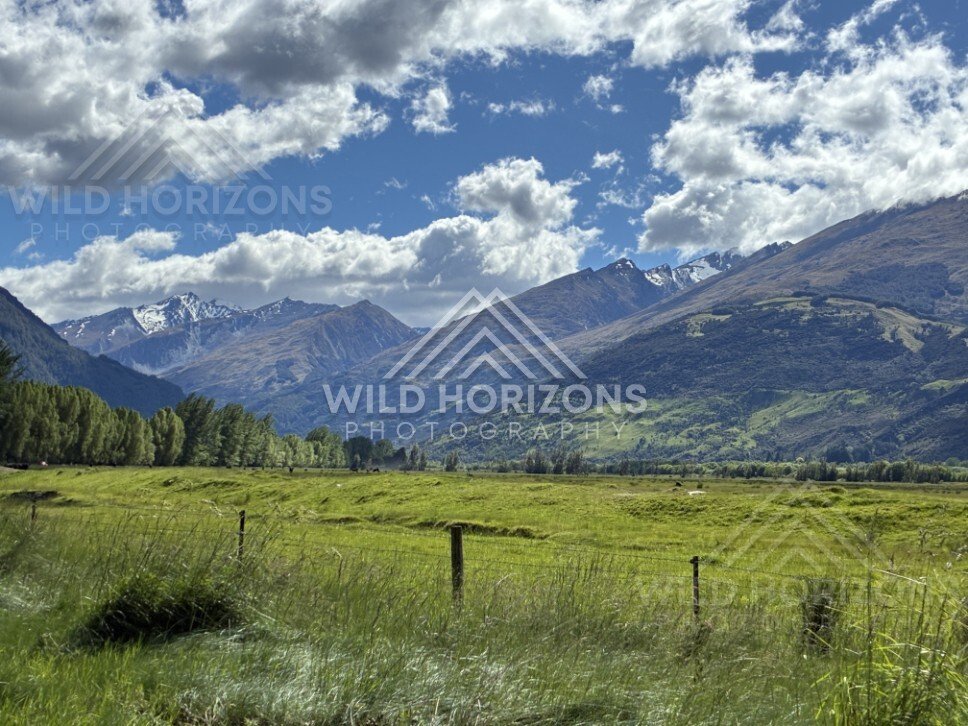 Green pasture with mountain range under scattered cloud. Glenorchy, New Zealand.