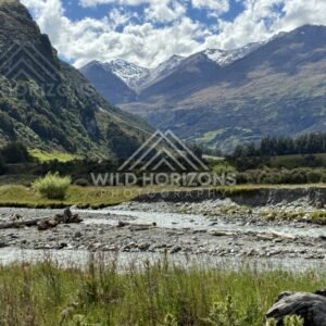 Braided riverbed with mountain backdrop. Glenorchy, New Zealand.