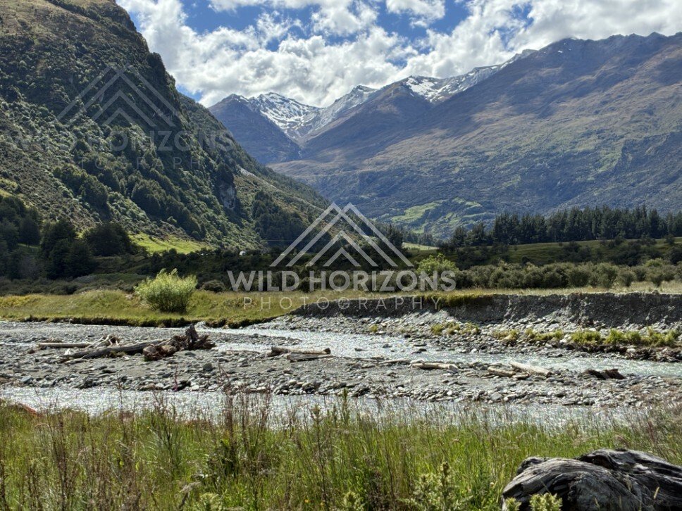 Braided riverbed with mountain backdrop. Glenorchy, New Zealand.