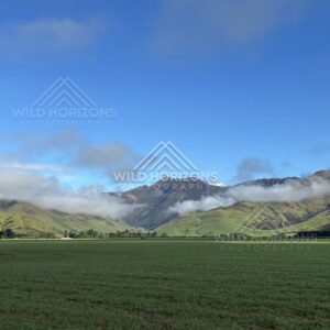 Farmland with mountain range under clear sky. Southland, New Zealand.