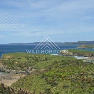 Coastal headland and farmland above sheltered bay. Helena Falls Beach, New Zealand.