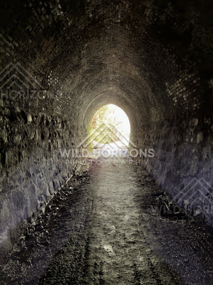 Stone-lined tunnel with light at far end. Tunnel Hill, New Zealand.