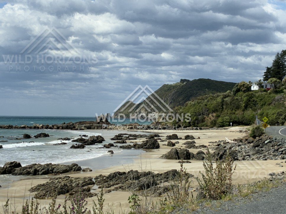 Rock platforms and distant headland under cloud. Nugget Point, New Zealand.