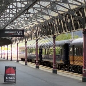Passenger train at platform beneath historic roof. Dunedin, New Zealand.