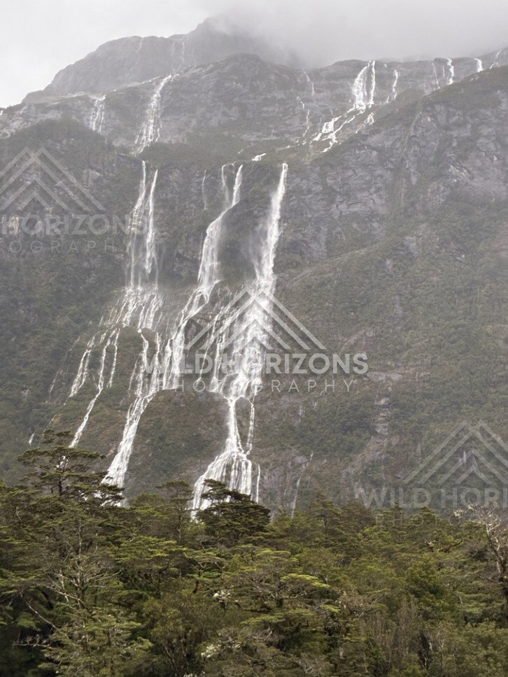 Tall Waterfall Columns on a Fiordland Cliff Face After Heavy Rain. Milford Road, New Zealand.