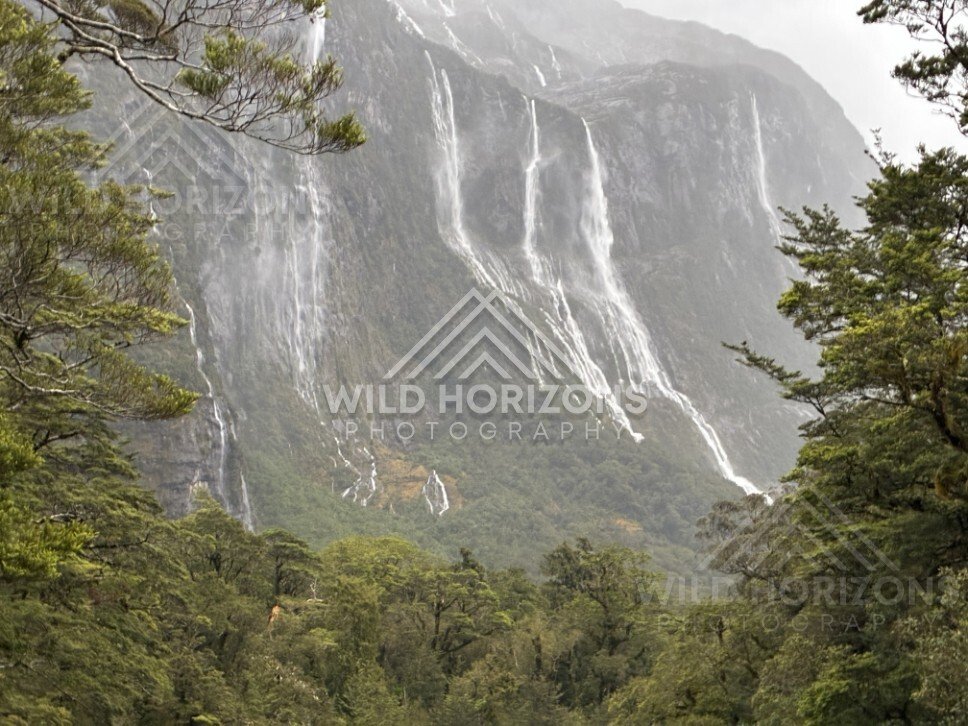 Sheer Fiordland Cliffs with Waterfalls in Wet Weather. Milford Road, New Zealand.
