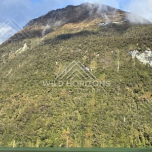 Steep Mountain Slope with Mist and Exposed Rock. Milford Road, New Zealand.